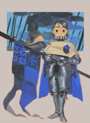  1girl armor black_hair blue_cape cape capelet eyelashes flag full_armor full_body highres holding holding_polearm holding_weapon keziedra looking_at_viewer neck_ruff orange_outline original outline polearm short_hair solid_circle_eyes solo sweatdrop weapon white_capelet 