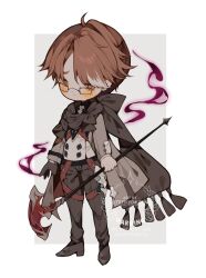  1boy ahoge axe black-framed_eyewear blush boots brown_hair buttons closed_mouth coat colored_bangs commentary deformed frown garter_straps glasses grey_pants grey_scarf highres holding holding_axe littlebluemuffin magic open_clothes open_coat original pants scarf untranslatable_commentary watermark weapon white_background 