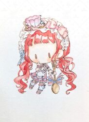  1girl absurdly_long_hair ankle_bow apron blue_bow blue_ribbon blue_socks bow bow_choker bow_hairband bow_legwear bowtie brown_eyes buttons chibi chinese_commentary choker commentary_request commission cup dreamy_afternoon_tea_(miracle_nikki) dress dress_bow finger_to_cheek frilled_apron frilled_choker frilled_dress frilled_footwear frilled_hairband frilled_sleeves frilled_socks frilled_wrist_cuffs frills grey_background hair_ornament hair_rings hairband holding holding_spoon light_blush lolita_fashion lolita_hairband long_hair low_twintails medium_dress miracle_nikki nikki_(nikki) nikki_(series) no_mouth over-kneehighs oversized_object pink_bow pink_bowtie pink_choker pink_hair pink_hairband pink_shoes pink_wrist_cuffs puffy_short_sleeves puffy_sleeves qiu_zhengcheng ribbon ribbon-trimmed_apron ribbon-trimmed_hairband ribbon_trim sample_watermark saucer shoes short_sleeves simple_background sleeve_bow socks solid_oval_eyes solo spoon square_neckline standing striped_bow striped_clothes striped_socks sweet_lolita teacup teaspoon thigh-highs traditional_media twintails two-tone_bow very_long_hair waist_bow watermark watermark_grid wavy_hair white_apron wrist_bow wrist_cuffs 
