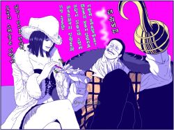  1boy 1girl ascot cigar coat commentary_request cowboy_hat crocodile_(one_piece) crop_top cross-laced_clothes cross-laced_top crossed_legs hat hook_hand korean_commentary mc_dumb medium_hair nico_robin one_piece orange_vest smile smoke stitched_face stitches translation_request twitter_username vest 