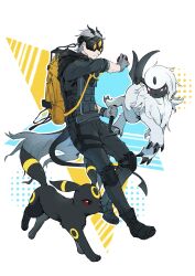  1boy absol absurdres arknights backpack bag black_pants bracelet bulletproof_vest chinese_commentary closed_mouth colored_sclera commentary_request crossover full_body gloves goggles grey_gloves grey_hair highres holding holding_poke_ball horns infection_monitor_(arknights) jewelry knee_pads long_sleeves male_focus misery_(arknights) mugulifeng night_vision_device pants poke_ball pokemon pokemon_(creature) short_hair standing tactical_clothes umbreon yellow_bag 