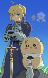  1girl 1other :3 ahoge animal_ears animal_nose armor artoria_pendragon_(fate) blonde_hair blue_dress blue_sky blush_stickers breastplate cape character_request chibi chiikawa commentary_request crossover day dress fate_(series) fluffy gauntlets grass green_eyes hair_ribbon highres ka_ni looking_at_viewer otter_ears outdoors planted planted_sword projected_inset rakko_(chiikawa) ribbon rock saber_(fate) scar scar_on_face short_hair sidelocks sky sword v weapon white_cape 