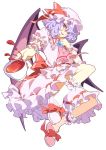  bat_wings batwings bow brooch cup hat highres jewelry kumio looking_at_viewer purple_hair red_eyes remilia_scarlet short_hair simple_background skirt skirt_set smile solo teacup touhou white_background wings wrist_cuffs 