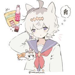 1girl :< ahoge alternate_hair_length_(shorter) animal_ears blue_sailor_collar calbee_(potato_chips) chips_(food) choco_baby food grey_hair hair_ornament highres horse_ears horse_girl imaichichan neckerchief oguri_cap_(starlight_beat)_(umamusume) oguri_cap_(umamusume) potato_chips ramune red_neckerchief sailor_collar shirt short_hair solo speech_bubble sushi thought_bubble translation_request twitter_username umamusume white_shirt 
