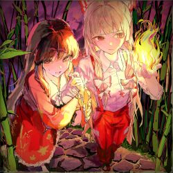  2girls 5swcf1iy8k31657 arm_hug artist_collaboration bamboo bamboo_forest bamboo_print bow bowtie brown_hair closed_mouth collared_shirt commentary_request fire forest frilled_skirt frills fujiwara_no_mokou grey_hair hair_bow highres houraisan_kaguya lei_(yamada4173) long_hair long_skirt long_sleeves multiple_girls multiple_hair_bows nature ofuda ofuda_on_clothes open_mouth outdoors pants pink_shirt print_skirt pyrokinesis red_eyes red_pants red_skirt shirt skirt smile suspenders sweatdrop touhou very_long_hair white_bow white_bowtie white_shirt wide_sleeves yuri 