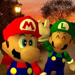 2boys 3d ^_^ absurdres arm_up bench blue_eyes blue_overalls brothers brown_hair buttons closed_eyes dusk facial_hair gloves green_hat green_shirt hat highres lamppost long_sleeves luigi male_focus mario mario_(series) multiple_boys mustache noubodying outdoors overalls red_hat red_shirt shirt short_hair siblings sideburns smile standing super_mario_64 super_mario_bros. tree v very_short_hair white_gloves