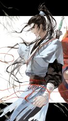  2boys absurdres all_wishes_come_true! arm_wrap black_hair black_pants black_sash black_shirt blue_hanfu chinese_clothes closed_mouth floating_hair from_side hair_pulled_back hanfu high_ponytail highres holding holding_ribbon holding_string jian_(weapon) layered_sleeves leaf letterboxed long_hair long_sleeves looking_down lv_dongbin_(all_wishes_come_true!) male_focus multiple_boys out_of_frame pants ponytail profile red_hanfu red_ribbon ribbon sash seal_impression shirt short_over_long_sleeves short_sleeves shoulder_strap smile solo_focus standing string string_of_fate sword sword_on_back sword_tassel tassel torn_clothes weapon weapon_on_back weapon_tassel wind xiaowangba488 yaopei 