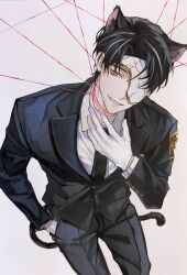  1boy animal_ear_fluff animal_ears badge black_hair black_necktie black_suit black_tail buttons cat_boy cat_ears cat_tail collared_shirt commentary cracked_mask curtained_hair feet_out_of_frame from_above g_sannnn gloves gold_trim grin half_mask hand_in_pocket hand_up highres jacket kemonomimi_mode lapels limbus_company long_sleeves looking_at_viewer male_focus mask multicolored_hair necktie notched_lapels one_eye_covered parted_bangs project_moon rien_(project_moon) shirt short_hair simple_background slit_pupils smile solo streaked_hair string string_of_fate suit suit_jacket suit_pants tail white_background white_gloves white_shirt white_streaks yellow_eyes 