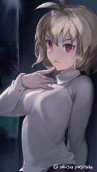  1girl absurdres akisa_yositake antenna_hair arcueid_brunestud arm_behind_back blonde_hair breasts commentary_request cowboy_shot finger_to_own_chin hair_between_eyes hand_up highres light_smile long_skirt looking_at_viewer melty_blood night outdoors park purple_skirt red_eyes shade short_hair sidelocks single_hair_intake skirt smile solo sweater tree tsukihime turtleneck turtleneck_sweater white_sweater 