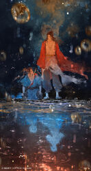  2boys absurdres aged_down all_wishes_come_true! arm_wrap artist_name barefoot black_hair black_pants black_sash blurry blurry_foreground brown_hair chinese_clothes closed_mouth coat collarbone different_reflection facial_hair hair_bun hair_ribbon half_updo hands_on_own_knees hanfu high_ponytail highres kneeling lantern leaf leaf_ornament long_hair long_sleeves looking_at_another lv_dongbin_(all_wishes_come_true!) male_focus miaodalizi multiple_boys mustache_stubble night open_clothes open_coat open_robe pants paper_lantern parted_lips pectoral_cleavage pectorals ponytail rain red_coat red_hanfu red_ribbon reflection reflective_liquid ribbon ripples robe sash sidelocks single_hair_bun sleeves_past_wrists smile standing stubble sword sword_on_back sword_tassel tassel time_paradox torn_clothes walking walking_on_liquid water water_drop weapon weapon_on_back weapon_tassel white_hanfu wide_sleeves zhongli_quan_(all_wishes_come_true!) 