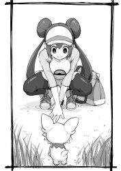  1girl animal animal_ears baby_animal bag black_border black_pantyhose border commentary_request dog dog_ears dog_tail donut_hair_bun double_bun grass greyscale hair_between_eyes hair_bun hands_on_ground highres lillipup monochrome pantyhose poke_ball poke_ball_print pokemon pokemon_(creature) pokemon_black_2_and_white_2 puppy raglan_sleeves rosa_(pokemon) shoes smile squatting tail twintails visor_cap yuzuchiri 