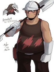  1boy absurdres artist_name beard_stubble character_name clenched_hand drill excadrill facial_hair facial_mark gloves hard_hat helmet highres holding holding_shovel male_focus mielthemouse personification pokemon pokemon_(creature) reference_inset shovel stubble whisker_markings white_background white_gloves 