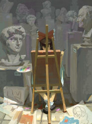  1girl bow brown_eyes brown_hair brown_shoes canvas_(object) commentary easel elatri english_commentary frilled_bow frills hair_bow hakurei_reimu highres holding holding_paint_palette holding_paintbrush long_hair paint_palette paintbrush painting_(action) red_bow ribbon-trimmed_sleeves ribbon_trim shoes socks solo statue touhou white_socks 