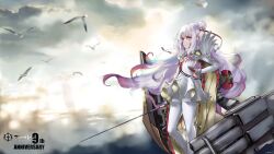  1girl absurdres azur_lane blue_eyes commentary_request corel_painter_(medium) dress feet_out_of_frame from_side highres holding holding_sword holding_weapon le_malin_(azur_lane) long_hair long_sleeves pantyhose rigging setsuka. solo standing sword thighband_pantyhose very_long_hair weapon white_dress white_hair white_pantyhose 