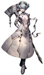  1girl armor armored_dress bandaged_foot bandaged_neck bandages closed_mouth clothes_writing dress expressionless full_body grey_hair hair_over_one_eye hairband hammer holding holding_behind_back holding_hammer holding_weapon holding_weapon_behind_back metal_hairband official_art prier_(stella_deus) print_dress short_hair silver_hairband simple_background soejima_shigenori stella_deus:the_gate_of_eternity third-party_source weapon white_background white_dress 