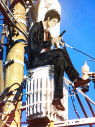  1boy 404_sadoyama adachi_tohru black_jacket black_pants blue_sky brown_hair brown_shoes cellphone closed_mouth collared_shirt commentary_request flip_phone highres jacket looking_at_phone male_focus necktie outdoors pants persona persona_4 phone red_necktie shirt shoes sitting sky socks solo utility_pole white_socks 