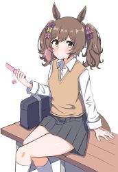  1girl absurdres animal_ears blowing_bubble_gum blush bow breasts brown_eyes brown_hair brown_sweater_vest cellphone cellphone_charm character_charm charm_(object) chewing_gum collared_shirt commentary_request desk flip_phone grey_skirt hair_between_eyes hair_bow highres horse_ears horse_girl horse_tail kirby kirby_(series) looking_at_viewer medium_hair multiple_hair_bows phone pink_bow purple_bow school_uniform shirt sitting skirt smart_falcon_(umamusume) smartphone socks solo sweater_vest tail twintails umamusume white_shirt white_socks yukia2 