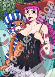  alternate_breast_size_(larger) black_dress black_hat breasts commentary dress english_commentary forest hat holding holding_stuffed_toy huge_breasts large_breasts nature one_piece original perona pink_hair pixel_art spectersalmon stuffed_animal stuffed_toy teddy_bear 
