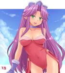  :d angela blue_sky breasts cleavage cloud collar colored_eyelashes crown gloves green_eyes hasu_(hk_works) large_breasts leotard long_hair looking_at_viewer open_mouth pointy_ears purple_gloves purple_hair seductive_smile seiken_densetsu seiken_densetsu_3 sky smile solo 