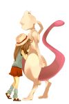  1girl blue_(pokemon) brown_hair bukiko closed_eyes creature hat long_hair mewtwo pokemon pokemon_(creature) pokemon_(game) pokemon_frlg skirt tail 