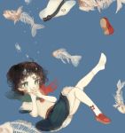  alternate_costume black_hair blue_hair blush corpse fish hat hat_removed headwear_removed murasa_minamitsu pleated_skirt sailor_hat school_uniform serafuku shoes short_hair single_shoe skeleton skirt socks solo touhou yujup 