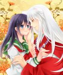  1girl alternate_eye_color animal_ears bad_id black_hair blue_eyes couple dog_ears eye_contact flower hand_on_another&#039;s_face hand_on_another's_face higurashi_kagome inuyasha inuyasha_(character) japanese_clothes jewelry kuzukiri5 long_hair looking_at_another necklace pearl school_uniform serafuku smile spider_lily touching white_hair yellow_eyes 