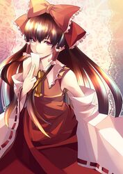  bare_shoulders bow brown_hair detached_sleeves hair_bow hair_tubes hakurei_reimu ito_mijinko long_hair red_eyes solo touhou very_long_hair 