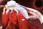  &gt;:) character_name dated fingernails inuyasha inuyasha_(character) japanese_clothes long_fingernails long_hair male necktie pearl petals reflection sesshoumaru solar_eclipse sword title_drop weapon white_hair wide_sleeves yellow_eyes zkxandy 