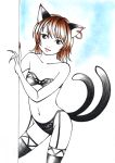  bad_id ballpoint_pen_(medium) black_bra black_legwear black_panties bra brown_eyes brown_hair cat_ears cat_tail chen claws colored_pencil_(medium) earrings garter_straps hoop_earrings jewelry lingerie multiple_tails navel panties string_panties tail thigh-highs thighhighs tosihakikumanori touhou traditional_media underwear wall 