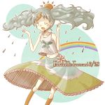  blush_stickers chaki_(chakan) character_request collarbone copyright_request ensamble_forecast_3/28 flat_chest grey_hair kneehighs lightning_bolt midriff navel ninon_(pop'n_music) open_mouth pop'n_music rain rainbow skirt socks solo sun tank_top twintails weather wink 