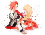  1girl alternate_costume alternate_hairstyle blonde_hair blue_eyes bow bowtie braid closed_eyes colette_brunel dress eyes_closed gotou_(pixiv37128) long_hair petals red_hair redhead ribbon sitting smile tales_of_(series) tales_of_symphonia white_background zelos_wilder 