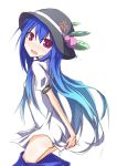  blue_hair blush food fruit hat hinanawi_tenshi ichiyan leaf long_hair panties peach purple_eyes solo touhou underwear violet_eyes 