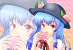  blouse blue_hair blush bow bust buttons eating food fruit gradient gradient_background hat hinanawi_tenshi leaf long_hair looking_at_viewer open_mouth payot peach red_eyes short_sleeves solo teeth torievna touhou zoom_layer 