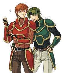  ? armor belt cavalier fingerless_gloves fire_emblem fire_emblem:_rekka_no_ken gloves green_armor green_hair headband kent_(fire_emblem) knight laughing male glassesmido multiple_boys red_armor red_hair redhead sain sain_(fire_emblem) 