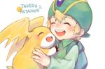  ayame_(artist) backpack bag blush character_name child closed_eyes creature digimon digimon_adventure eyes_closed hat head_wings open_mouth patamon smile takaishi_takeru 
