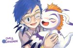  ayame_(artist) blue_hair blush character_name child claws closed_eyes creature digimon digimon_adventure eyes_closed glasses gomamon kido_jou open_mouth orange_hair short_hair smile wink 
