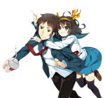  1girl brown_eyes brown_hair drink glomp hug hug_from_behind koba kyon mcdonald&#039;s mcdonald's school_uniform serafuku short_hair suzumiya_haruhi suzumiya_haruhi_no_yuuutsu 