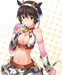  animal_ears bell bell_collar blush breasts brown_eyes brown_hair cleavage collar cow_bell cow_ears cow_horns cow_print elbow_gloves gloves headset hide448 highres horns idolmaster idolmaster_cinderella_girls large_breasts navel oikawa_shizuku short_hair skirt smile solo 