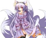  animal_ears fox_ears fox_tail long_hair multiple_tails original purple_hair red_eyes simple_background smile solo tail tinkvov very_long_hair white_background 