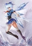  adult alternate_costume ass blue_eyes blue_hair cirno dantewontdie elbow_gloves fingerless_gloves gloves highres ice ice_wings smile solo thigh-highs thighhighs touhou white_legwear wings 