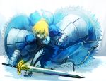  armor armored_dress blonde_hair blue dress excalibur fate/stay_night fate/zero fate_(series) faulds gauntlets green_eyes hair_bun highres nkmr8 saber solo sword weapon 