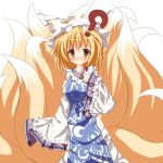  ? blush fox_tail highres long_hair looking_at_viewer multiple_tails simple_background solo tail tinkvov touhou white_background yakumo_ran yellow_eyes 