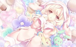  :o artist_request barefoot blonde_hair blush brown_eyes cafe_sourire candy heart highres hood kona_(canaria) long_hair long_sleeves lying ogiwara_kyouko pajamas pillow solo stuffed_animal stuffed_toy wallpaper 