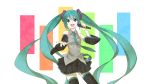 detached_sleeves green_eyes green_hair hatsune_miku highres long_hair looking_at_viewer microphone nagita0 necktie open_mouth outstretched_arm skirt solo thigh-highs thighhighs twintails very_long_hair vocaloid 