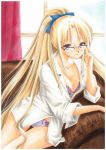  blonde_hair bra breasts cleavage couch glasses long_hair marker_(medium) open_clothes open_shirt original over-rim_glasses panties ponytail purple_bra purple_panties semi-rimless_glasses sitting sleeves_folded_up solo tegaki_no_yuu thigh_gap thighs traditional_media underwear very_long_hair window 