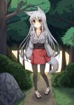  animal_ears clog_sandals forest fox_ears fox_tail highres japanese_clothes miko nature original oruton pantyhose pigeon-toed red_eyes rock shi-chan_(oruton) solo tabi tail tree white_hair 