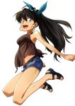  :d aqua_eyes breasts denim denim_shorts earrings fang ganaha_hibiki hoop_earrings humiyou idolmaster jewelry legs long_hair navel open_mouth ponytail sandals shorts smile solo 