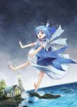  barefoot blue_eyes blue_hair bow cirno dress feet hair_bow highres lighthouse liking ocean open_mouth outstretched_arms rain short_hair solo touhou wings 