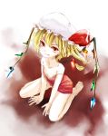  1girl :p alternate_costume bare_legs between_legs blonde_hair breasts cleavage dress flandre_scarlet hat highres looking_at_viewer red_dress red_eyes rough short_hair side_ponytail sitting smile solo strap_slip tomo1030 tongue touhou wariza wings 