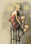  aro_(charged_time_out) blonde_hair dress lips original red_dress sitting solo stool 